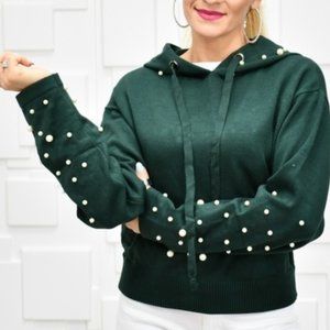 Womens Hunter Green Pearl Detail Hoodie Top Fall W